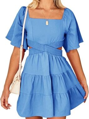 Square Neck Cutout Tiered Mini Dress in Bright Blue
